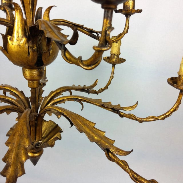 Metal Gilded 12-Arm Chandelier Decorated with Leaves, 1940s For Sale - Image 7 of 13
