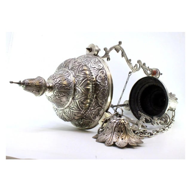 Silver Pendant with Reliefs, Mesh Suspension Chain, Padlock and Ceiling Bracket For Sale - Image 4 of 8