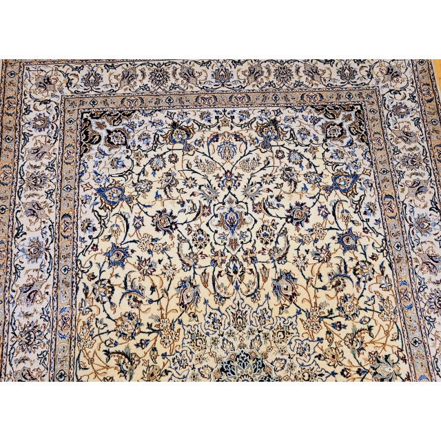 Vintage Persian Nain Area Rug, Hand-Knotted Wool & Silk, Floral Pattern, 5x7, Ivory & Blue For Sale - Image 9 of 16