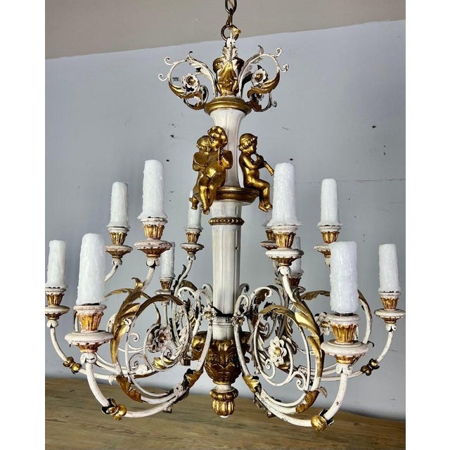 Rococo Rococo Chandelier With Gilt Putti and Hand-Painted Ir For Sale - Image 3 of 15