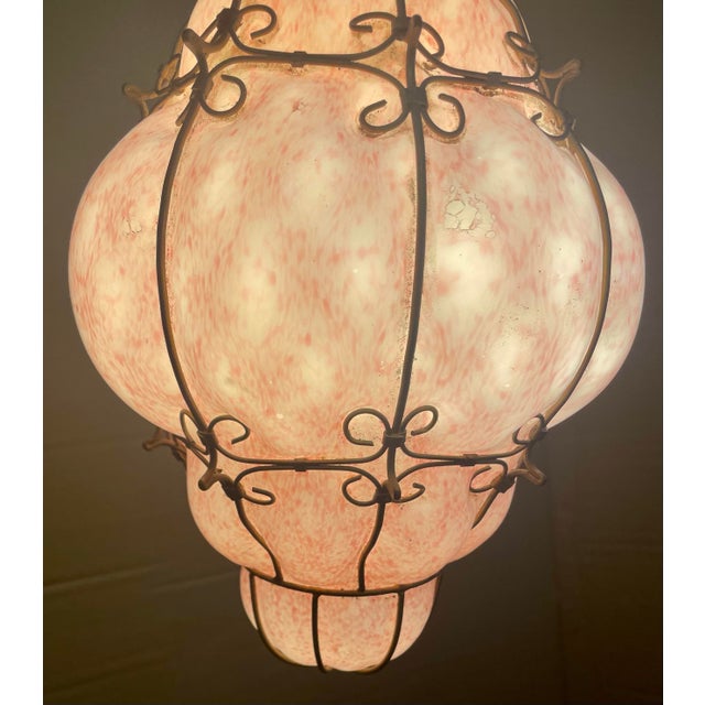 Italian Mid 20th Century Mid Century Modern Italian Mottled Pink Cased Glass Caged Pendant Light Lantern For Sale - Image 3 of 12
