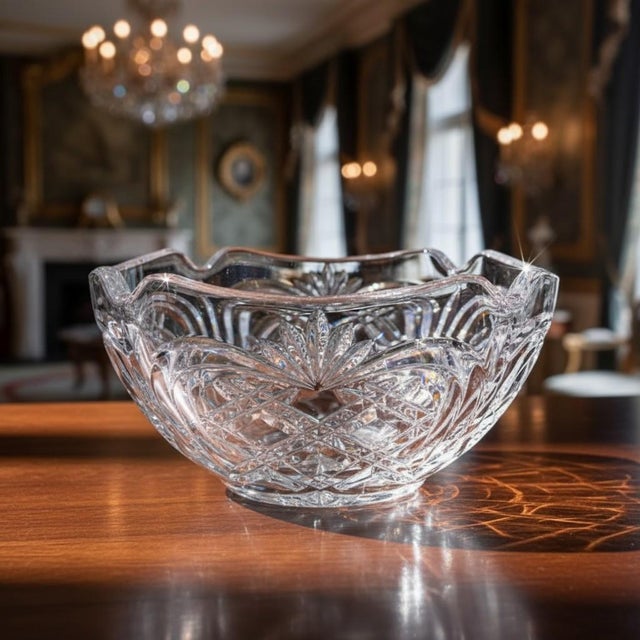 Beautiful signed Fostoria crystal bowl in the Pineapple Criss-Cross Fan pattern produced in the 1990s, featuring brilliant...