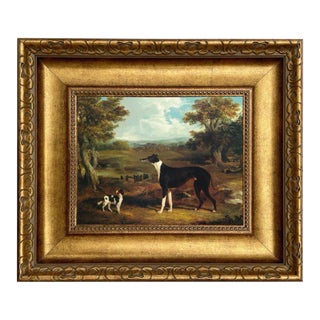 Greyhound and King Charles Spaniel Print on Canvas in Wide Antiqued Gold Frame- 8x10 Framed to 14" X 16" For Sale
