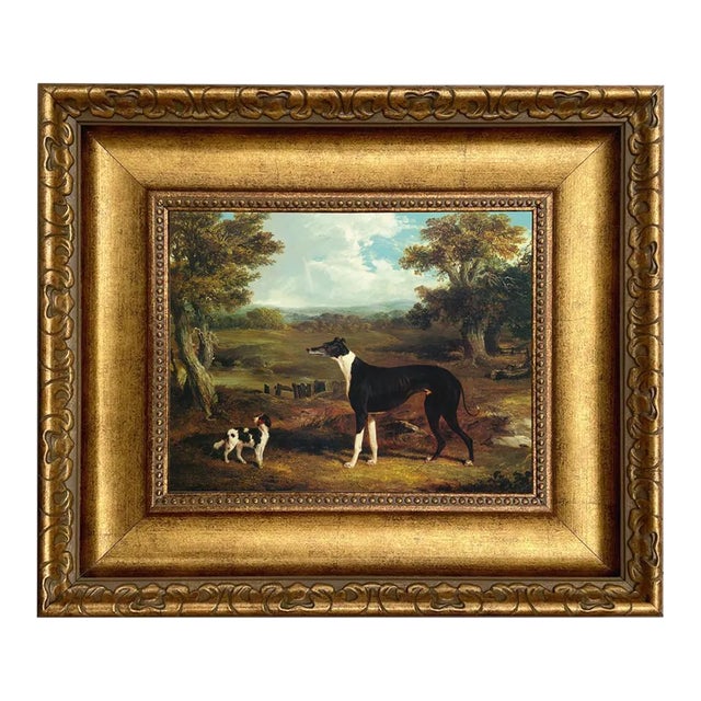 Greyhound and King Charles Spaniel Print on Canvas in Wide Antiqued Gold Frame- 8x10 Framed to 14" X 16" For Sale