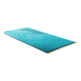4x12 Exquisite Moroccan Green Geometric Modern Hand Knotted Wool Carpet Rug For Sale