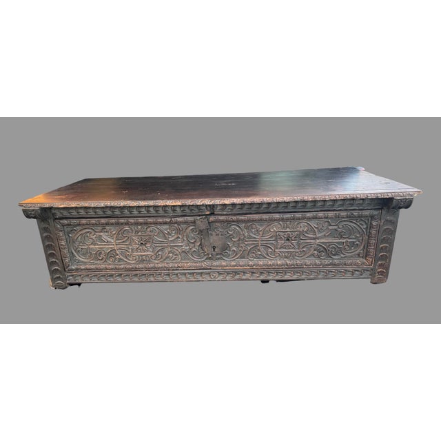 Antique Carved Wood Cassone Blanket Chest Trunk Coffee Table 60” Renaissance For Sale - Image 10 of 10