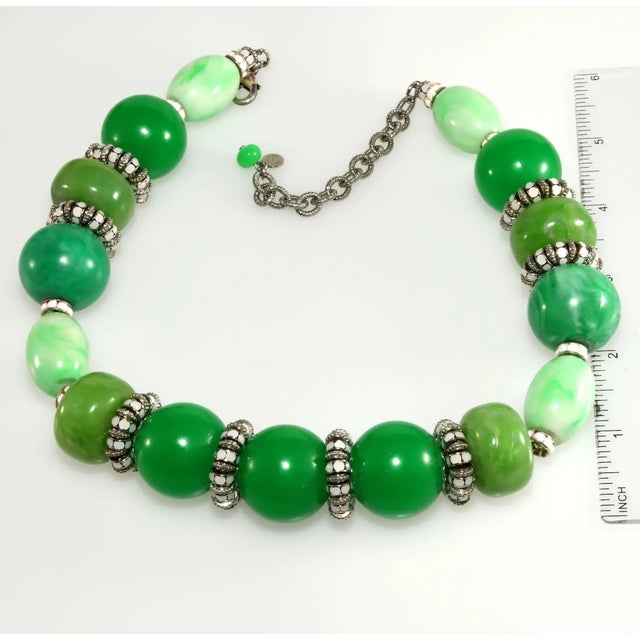 Abstract 1980s Francoise Montague Paris Necklace Green Resin Beads With White Rhinestone Rondelles For Sale - Image 3 of 4