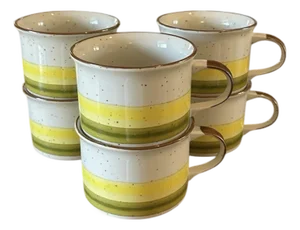 Vintage Lunch Mates Speckled Yellow & Green Stripe Sunrise Cultura Stoneware Soup / Coffee / Camp Style Mugs, a Set of 6