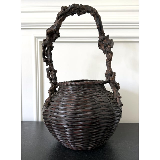 Wood Large Antique Japanese Smoke Bamboo Basket Wisteria Root Handle Meiji Period For Sale - Image 7 of 16
