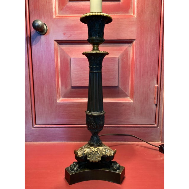 1920s French Empire Patinated Bronze Tole Candlestick Lamp For Sale - Image 10 of 12