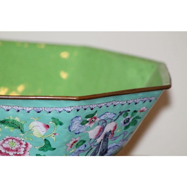 Large 9.5" Antique Octagonal Canton Enamel Cloisonne Bowl For Sale - Image 6 of 8