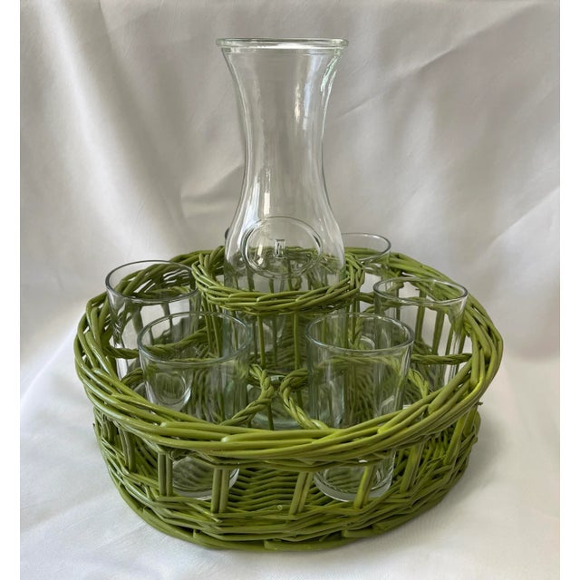 Vintage Wicker Green Sangria Wine Carafe With Glasses Set - 8 Pieces For Sale - Image 9 of 9