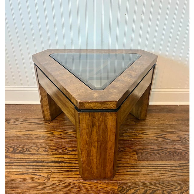 Wood Vintage 1970’s Gordon's Fine Furniture Burlwood Smoked Glass Coffee, End and Accent Table Set For Sale - Image 7 of 11