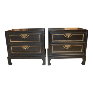 1960s Pair Vintage Chinoiserie Asian Black Lacquered Nightstands with 2 Drawers by American of Martinsville with Heavy Brass Drop Pulls For Sale