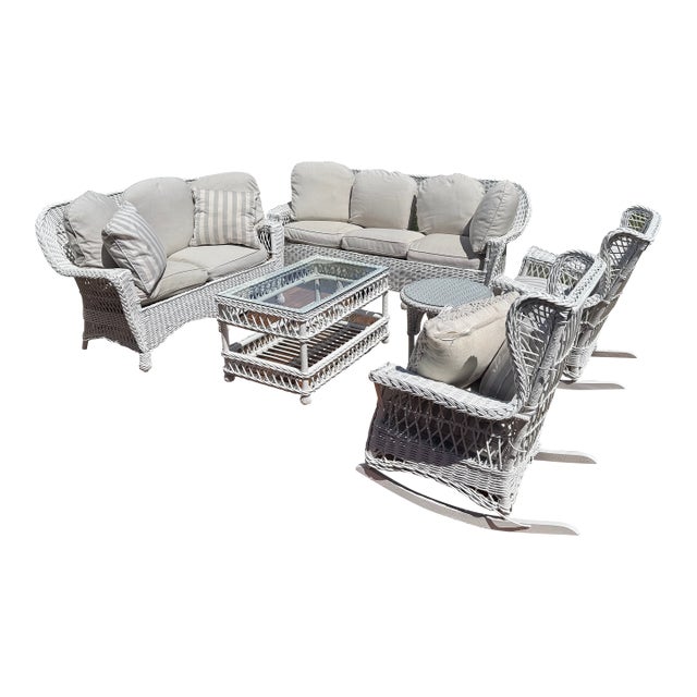 Antique American Wicker Patio Suite — Bar Harbor Style | 6 Pieces | Custom Cushions | Ex. The Wicker Shop, Old Saybrook For Sale