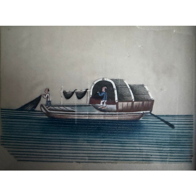 Chinese /Asian Hand Painted Boat Pictures Framed in Black and Gold. Charming. For Sale - Image 4 of 6