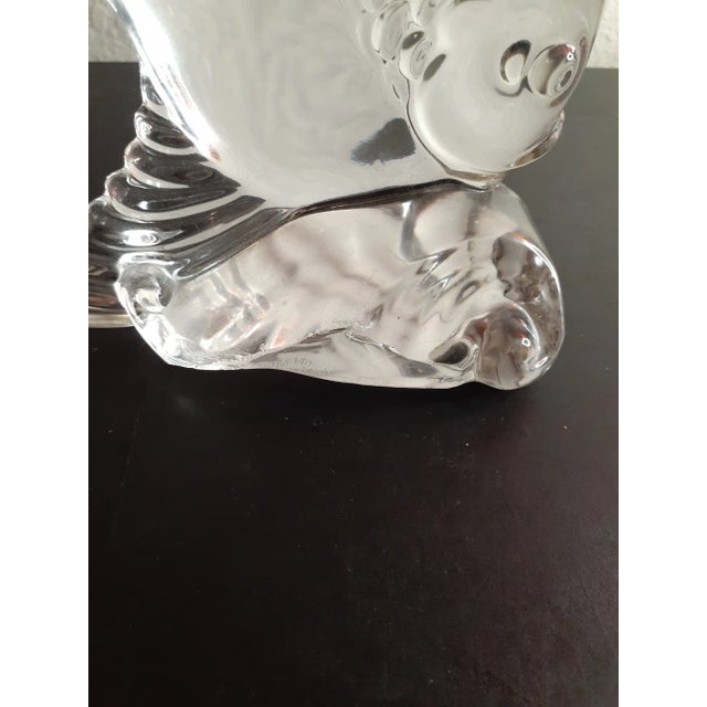 This is a Clear Art Glass 6" Fish on Pedestal Sculpture. Has chipped on one side of base (see last 2 pics) Procured at...