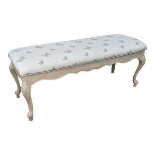 Late 20th Century French Provincial Upholstered Bench in Cream Whitewash With Butterfly Motif Upholstery For Sale