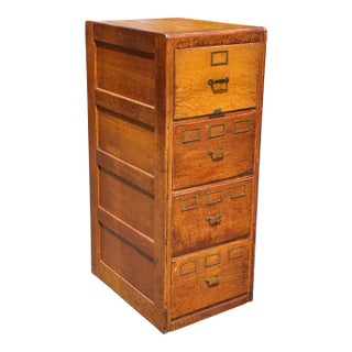 Antique Arts & Crafts Tiger Oak Four Drawer Office File Cabinet Brass Hardware For Sale