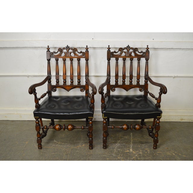 Jacobean Style Solid Walnut Carved Arm Chairs A Pair Chairish
