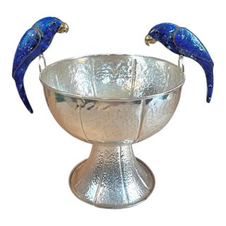 Vintage Lapis Lazuli Parrot Silver Plate Punch Bowl For Sale