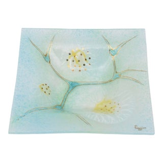 Vintage Signed Higgins Fused Glass Square Bowl, Amoeba Pattern, Turquoise, Gold, White, Yellow, 1960's' For Sale