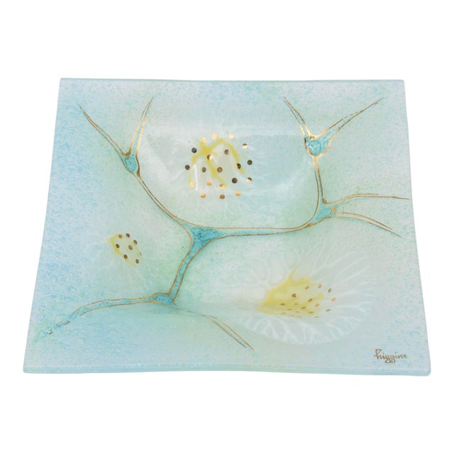 Vintage Signed Higgins Fused Glass Square Bowl, Amoeba Pattern, Turquoise, Gold, White, Yellow, 1960's' For Sale