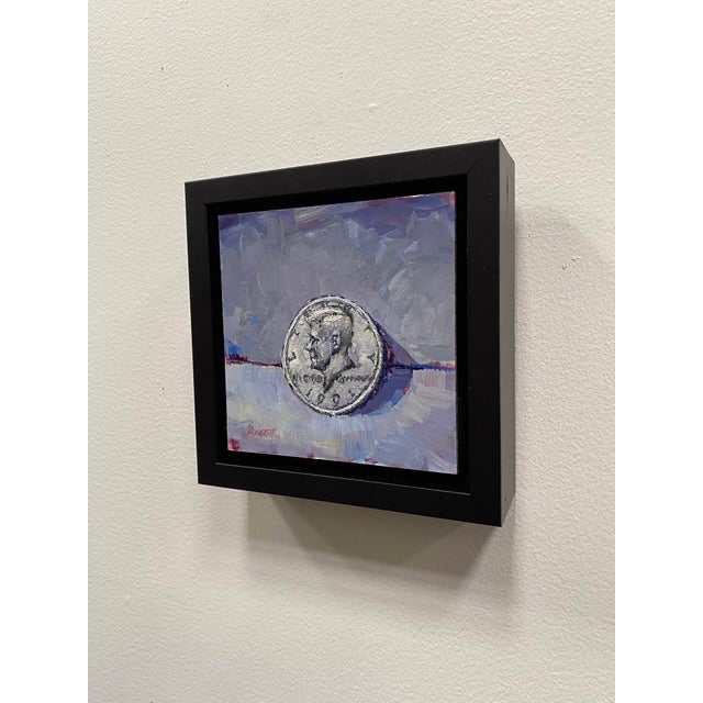 Real Steel 2 JFK 50 Cent Coin by Delton Demarest | Oil on board Painting of a JFK coin For Sale - Image 4 of 4