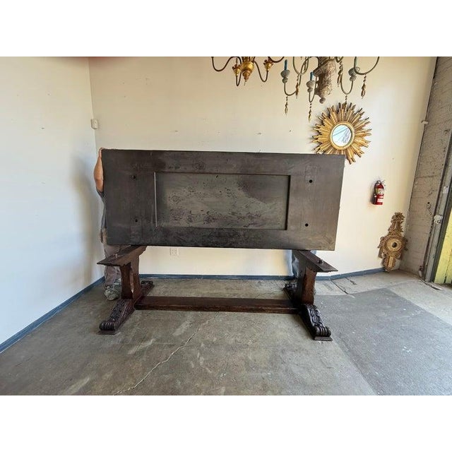 Early 20th Century Monumental Spanish Revival Carved Trestle Dining Table, Early 20th Century For Sale - Image 5 of 17