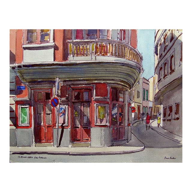 1980 Paul Parker Las Palmas Spain Cityscape Watercolor Painting For Sale