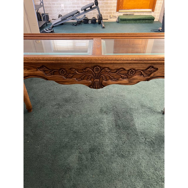 Queen Anne 1970s Pennsylvania House Queen Anne Oak Glass Coffee Table Carved Vintage For Sale - Image 3 of 8