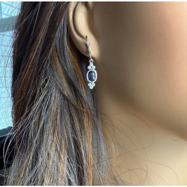 14k White Gold Oval Sapphire and Diamond Drop Earrings With Lever Backs, A Pair For Sale - Image 4 of 6
