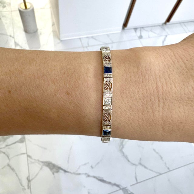 Antique Art Deco 14k White Gold Old European Cut Diamond Sapphire Link Bracelet For Sale In Houston - Image 6 of 6