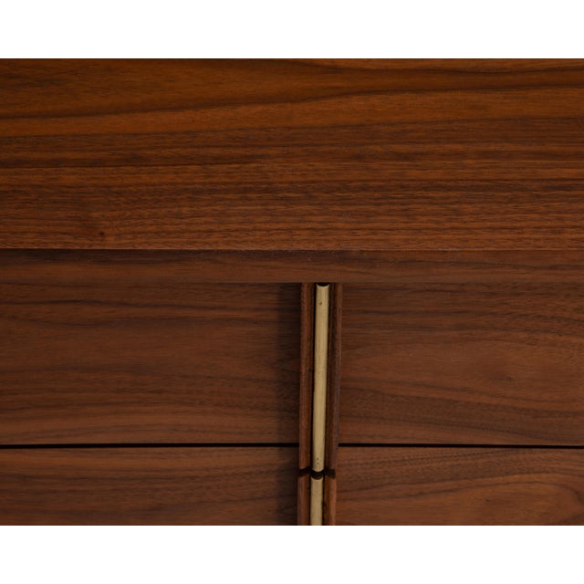 American of Martinsville Mid Century Walnut Nightstands Brass Accent Restored - A Pair For Sale - Image 9 of 13