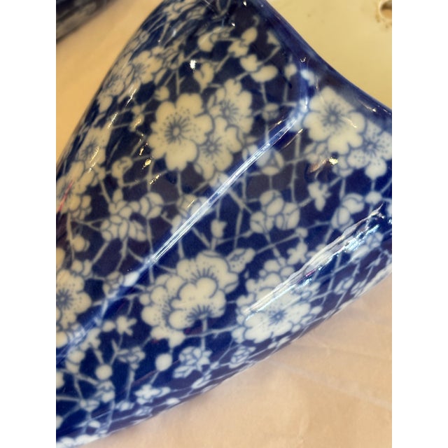 Pair of Blue and White Glazed Ceramic Floral Wall Pockets For Sale - Image 4 of 10