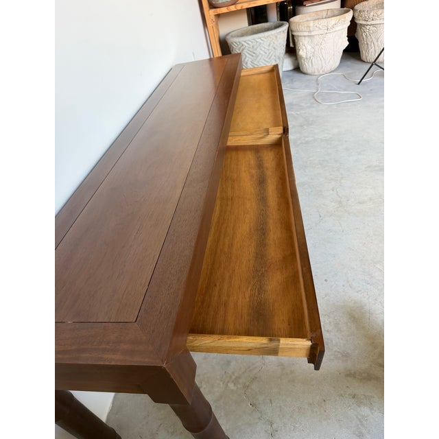 Hollywood Regency 1980s Century Furniture Faux Bamboo Console / Sofa Table With Two Drawers For Sale - Image 3 of 17