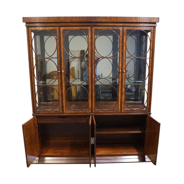 Wood Hickory White Banded Mahogany Contemporary Modern Asian Inspired 79" Lighted Display China Cabinet For Sale - Image 7 of 15
