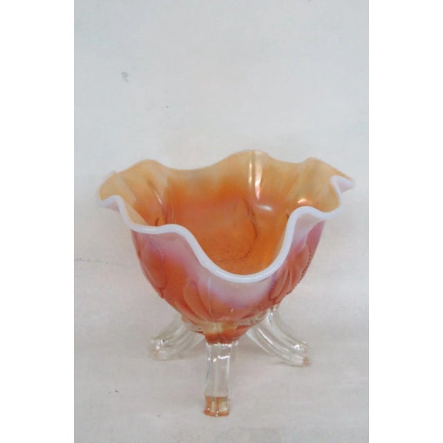 Dugan Style Marigold Carnival Glass Floral Footed Candy Dish Serving Bowl For Sale - Image 12 of 13