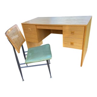 Vintage Mid Century Modern Oak Veneer Desk and Paul McCobb Cane Chair Style For Sale