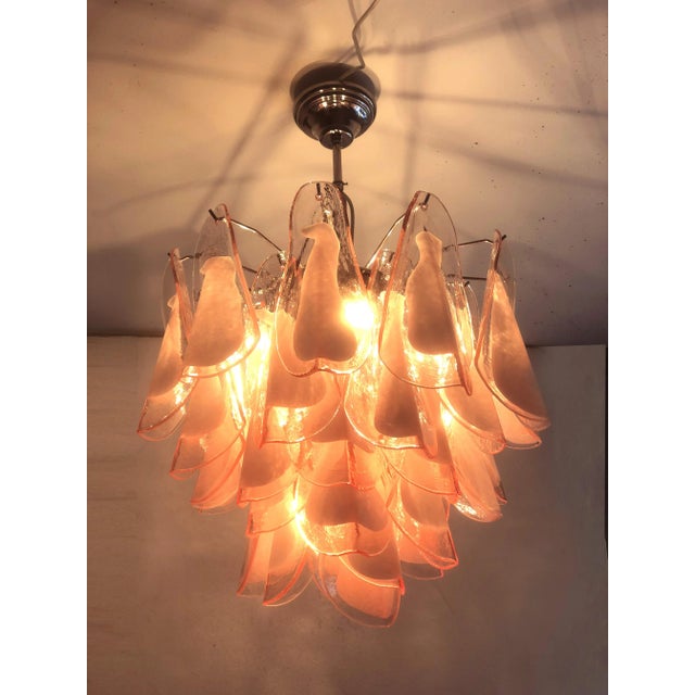 Murano glass style chandelier with pink and white "rondini" assembly one by one in a piece of art, unique and rare Hight-...