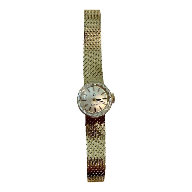 Rare Vintage 14 Karat Gold Ladies Omega Dress Wristwatch, Circa 1968 With Manual Wind-Up & Woven Gold Mesh Band by Premier Swiss Maker Omega For Sale