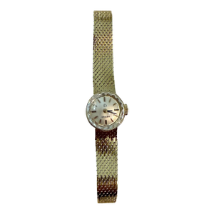 Rare Vintage 14 Karat Gold Ladies Omega Dress Wristwatch, Circa 1968 With Manual Wind-Up & Woven Gold Mesh Band by Premier Swiss Maker Omega