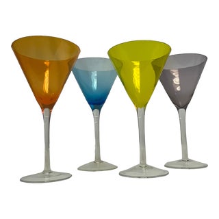 Vintage Italian Hand Blown Color Cut to Clear Martini Glasses - Set of 4 For Sale