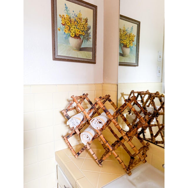 Vintage Burnt Tortoise or Scorched Bamboo Collapsable 8 Bottle Wine Rack For Sale - Image 11 of 11