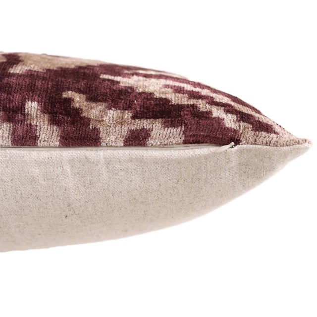 Hand-Knotted Silk Velvet Ikat Lumbar Pillow - 16x24 Plum & Champagne For Sale In San Francisco - Image 6 of 8