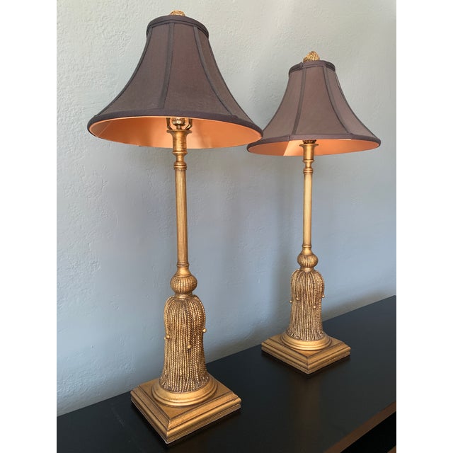 Late 20th Century Large Italian Tassel Buffet Lamps With Black Shades, Pair For Sale - Image 4 of 11