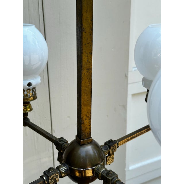 Metal Vintage Four Arm Brass Gas Fixture With Vintage Shades For Sale - Image 7 of 12