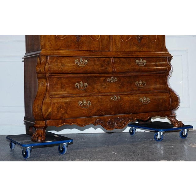 Circa 1750 Dutch Louis XV Style Burr Walnut Bombe Linen Press Cabinet An antique circa 1750 Dutch Louis XV style burr...