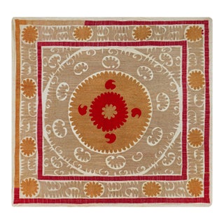Suzani Tablecover – Red Terracotta Beige Wall Decor 4'1'' X 4'2'' For Sale