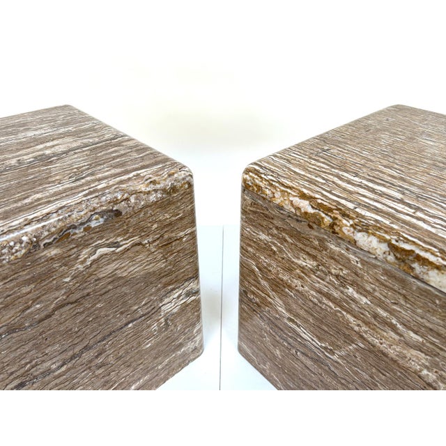 Veined Polished Travertine Stone Side Tables, 1970s, Set of 2 For Sale - Image 6 of 18